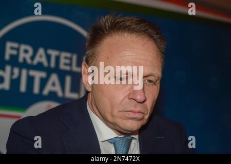 Rieti, Rieti, Italien. 8. Februar 2023. Francesco Lollobrigida, Minister für Landwirtschaft, Ernährungssouveränität und Forstwirtschaft in Rieti, Italien, am 8. Februar 2023. (Kreditbild: © Riccardo Fabi/Pacific Press via ZUMA Press Wire) NUR REDAKTIONELLE VERWENDUNG! Nicht für den kommerziellen GEBRAUCH! Stockfoto