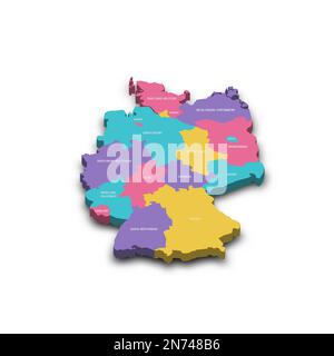 Die deutsche politische Karte der Verwaltungsabteilungen - Bundesländer. Farbenfrohe 3D-Vektorkarte mit versenkten Schatten und Ländernamen. Stock Vektor