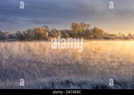 Ein frostiger und sonniger Wintermorgen auf der Elbe mit Nebel über dem Wasser in Bleckede/Brackede Stockfoto