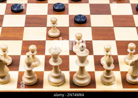 Auf einem Spielbrett nach unterschiedlichen Regeln spielen - schwarze und weiße Schachfiguren auf einem Holzschachbrett, weiße Bauern greifen schwarze Spielfiguren an (Fokus o Stockfoto