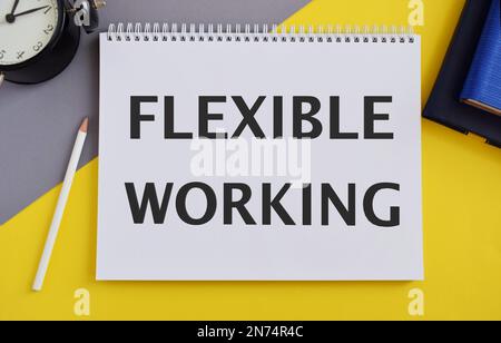 Flexibles Konzept der Arbeitspolitik. In Notizbuch geschriebener Text. Gelb mit grauem Hintergrund, Weckstift und Notizbücher Stockfoto