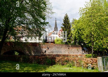 Malerischer Blick auf die Stadt Ulm mit ihrem berühmten gotischen Ulmer Münster oder Ulmer Münster und antiken Fachwerkhäusern an einem schönen Frühlingstag in Deutschland Stockfoto