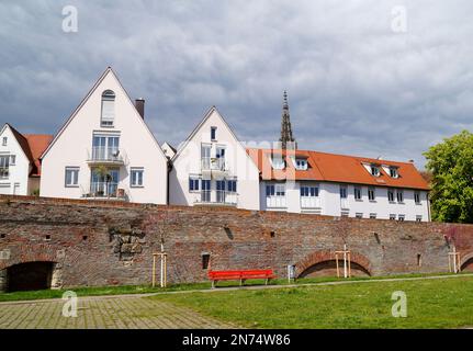 Malerischer Blick auf die Stadt Ulm mit ihrem berühmten gotischen Ulmer Münster oder Ulmer Münster und antiken Fachwerkhäusern an einem schönen Frühlingstag in Deutschland Stockfoto