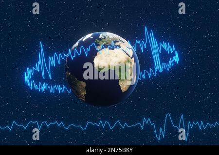 Der Planet Erde, umgeben von einem Erdbeben-Diagramm auf dem Hintergrund des Universums. Veranschaulichung des Begriffs Erdbebenseismogramm Stockfoto