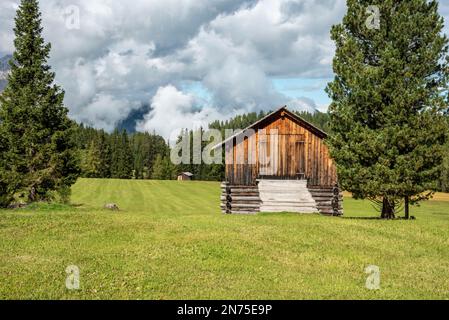 Typische Alp mit Heuschuppen in den Dolomiten im Naturpark Fanes Sennes Prags, Südtirol in Italien Stockfoto