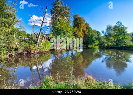 Fränkische Saale, Abschlussfeier, Reflexion, Herbst, Bad Kissingen, Franken, Bayern, Deutschland, Europa Stockfoto