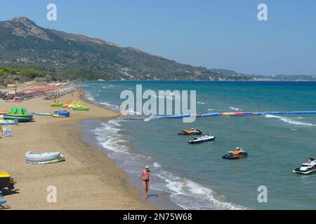 Blick auf Banana Beach, Zakynthos Island, Ionische Inseln, Mittelmeer, Griechenland Stockfoto