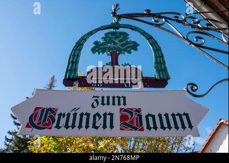 Deutschland, Hessen, Odenwaldkreis, Michelstadt, Altstadt, Historisches Odenwald Inn 'zum Grünen Baum'. Stockfoto