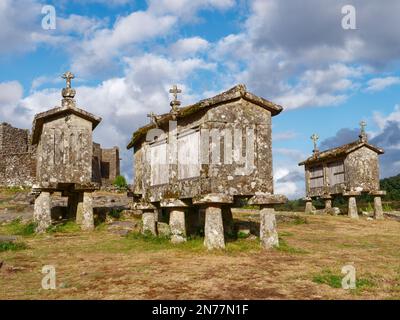 Lindoso-Kornhölzer oder Espigueiros de Lindoso in Portugal. Diese schmalen Steinkörner werden seit Hunderten von Jahren zum Lagern und Trocknen von Getreide verwendet Stockfoto