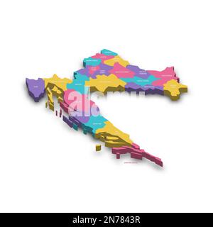 Kroatien: Politische Karte der Verwaltungsabteilungen - Landkreise. Farbenfrohe 3D-Vektorkarte mit versenkten Schatten und Ländernamen. Stock Vektor