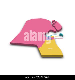 Politische Karte der Verwaltungseinheiten Kuwait - Gouverneure. Farbenfrohe 3D-Vektorkarte mit versenkten Schatten und Ländernamen. Stock Vektor
