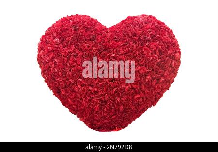 Große Herzform aus kleinen roten Rosenblumen isoliert auf weißem Hintergrund. Happy Valentines Day Konzept. Roter Rosenblütenstrauß in Herzform i Stockfoto
