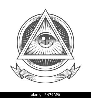 Tattoo of All Sehen Eye of Providence Masonic in Engraving Style isoliert auf Weiß. Vektordarstellung. Stock Vektor