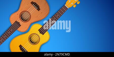 Musikalisches Vektorbanner mit 2 Ukulele-Gitarren auf blauem Hintergrund mit Kopierbereich. Stock Vektor