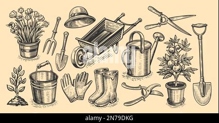 Gärtnern von Elementen im Skizzenstil. Garten, Bauernhof-Konzept. Landwirtschaft, Landwirtschaftsvektordarstellung Stock Vektor