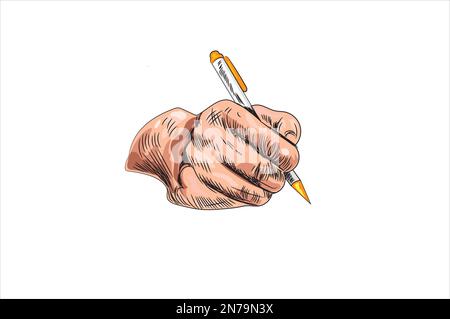 Hand mit Stiftvektordarstellung, flacher Zeichentrickfilm Hand-Haltestift isoliert auf weiß Stock Vektor