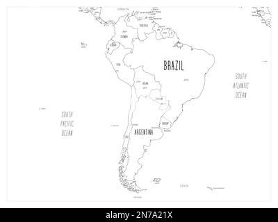 Politische Karte Südamerikas. Schwarzer Umriss, handgezeichnete Zeichentrickkarte mit Bathymetrie. Handgeschriebene Etiketten mit Namen für Land, Hauptstadt, Meer und Ozean. Einfache flache Vektorzuordnung. Stock Vektor