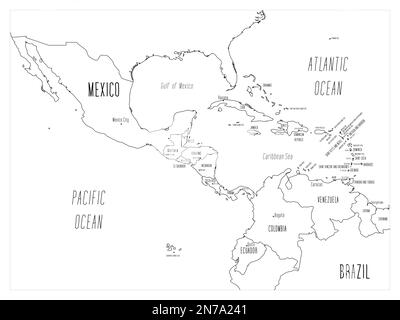 Politische Karte Zentralamerikas und der Karibik. Schwarzer Umriss, handgezeichnete Zeichentrickkarte mit Bathymetrie. Handgeschriebene Etiketten mit Namen für Land, Hauptstadt, Meer und Ozean. Einfache flache Vektorzuordnung. Stock Vektor