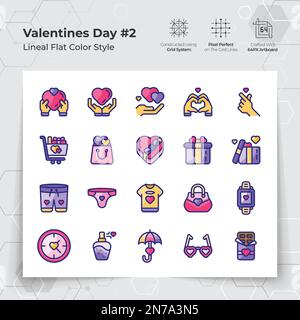 Valentinstag-Ikone in flachen Farbtönen mit Geschenken und „Verlieben“-Motiven. Eine Sammlung von Liebes- und Romantik-Vektorsymbolen für Valentinstag Stock Vektor