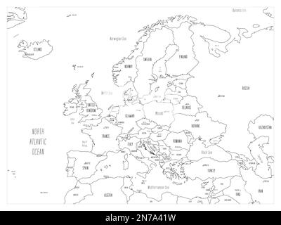 Politische Karte Europas. Schwarzer Umriss, handgezeichnete Zeichentrickkarte mit Bathymetrie. Handgeschriebene Etiketten mit Namen für Land, Hauptstadt, Meer und Ozean. Einfache flache Vektorzuordnung. Stock Vektor