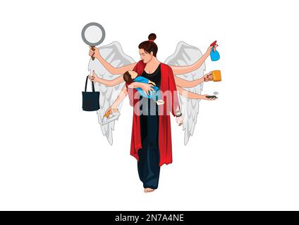 Muttertag. Hausaufgaben Frau. Eine multifunktionale weibliche Figur mit vielen Händen, die verschiedene Aufgaben erledigen. Stock Vektor