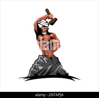 Mann, der ein Steinmaskottchen schnitzt, Logo-Vektordarstellung auf weißem Hintergrund Stock Vektor