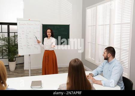 Englischlehrer, der in der Nähe des Whiteboards im Klassenzimmer Unterricht über einfache Geschenkanspannung gibt Stockfoto