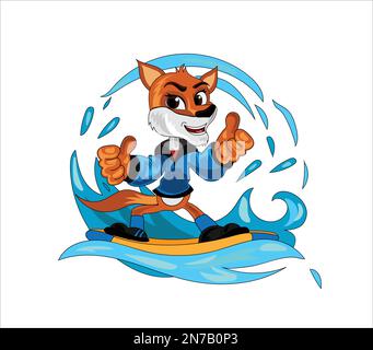Fox Surfing Figur Cartoon Maskottchen Vektordarstellung Stock Vektor