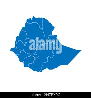 Äthiopien: Politische Karte der Verwaltungsabteilungen - Regionen und Charterstädte. Blau leuchtende leere Vektorkarte mit weißen Rändern. Stock Vektor