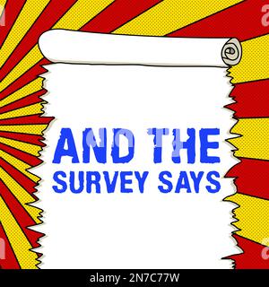 Inspiration zeigt das Schild und die Umfrage sagt. Ein Wort dafür, eine Umfrage durchzuführen und die Ergebnisse mit anderen zu besprechen Stockfoto