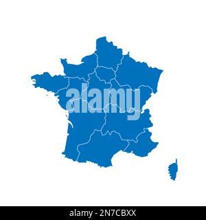 Politische Karte Frankreichs der Verwaltungsabteilungen - Regionen. Blau leuchtende leere Vektorkarte mit weißen Rändern. Stock Vektor