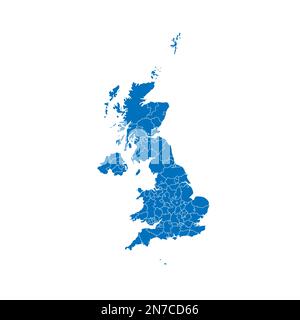 Politische Karte des Vereinigten Königreichs Großbritannien und Nordirland mit Verwaltungsbezirken - Grafschaften, einheitliche Behörden und Greater London in England, Bezirke Nordirlands, ratsbezirke Schottlands und Bezirke, Bezirke und Städte in Wales. Blau leuchtende leere Vektorkarte mit weißen Rändern. Stock Vektor