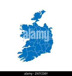 Irlands politische Karte der Verwaltungsabteilungen - Landkreise und Städte. Blau leuchtende leere Vektorkarte mit weißen Rändern. Stock Vektor