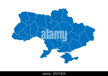 Politische Karte der ukrainischen Verwaltungseinheiten - Regionen, zwei Städte mit Sonderstatus Kiew und Sewastopol und autonome republik Krim. Blau leuchtende leere Vektorkarte mit weißen Rändern. Stock Vektor