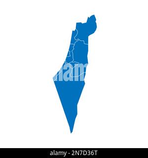 Politische Karte Israels mit Verwaltungsbezirken - Bezirke, Gazastreifen, Judäa und Samaria. Blau leuchtende leere Vektorkarte mit weißen Rändern. Stock Vektor