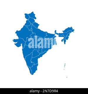 Indische politische Karte der Verwaltungsabteilungen - Staaten und Gewerkschaften. Blau leuchtende leere Vektorkarte mit weißen Rändern. Stock Vektor