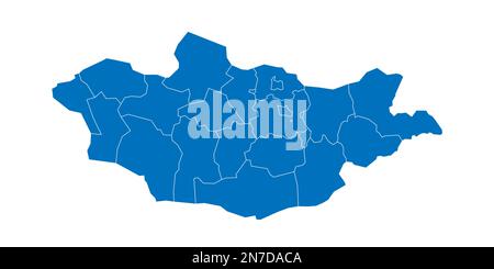 Politische Karte der Mongolei der Verwaltungsabteilungen - Provinzen und khot Ulaanbaatar. Blau leuchtende leere Vektorkarte mit weißen Rändern. Stock Vektor