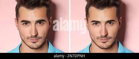 Collage mit Fotos des Menschen vor und nach Augenbrauenmodellierung auf pinkem Hintergrund. Bannerdesign Stockfoto