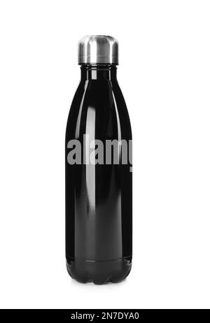 Moderne schwarze Thermosflasche isoliert auf weiß Stockfoto