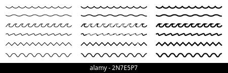 Wellenlinie und Wellenlinie im Zickzack. Schwarz unterstreicht wellenförmige Zickzack-Linienmuster in abstraktem Stil. Geometrisches Dekorationselement. Weißer Hintergrund. Stock Vektor