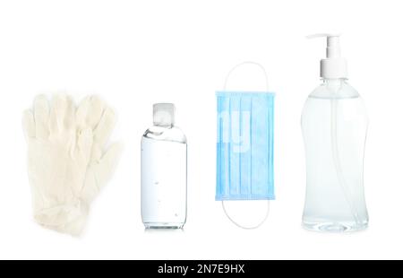 Medizinische Handschuhe, antiseptisches Gel und Schutzmaske auf weißem Hintergrund Stockfoto