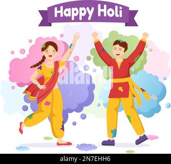 Happy Holi Festival Illustration mit farbenfrohem Töpfchen und Pulver in Hindi für Webbanner oder Landing Page in flachen, handgezeichneten Cartoon-Vorlagen Stock Vektor