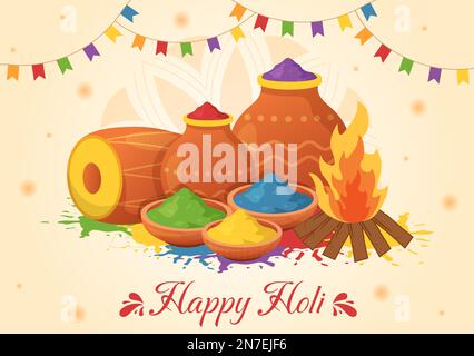 Happy Holi Festival Illustration mit farbenfrohem Töpfchen und Pulver in Hindi für Webbanner oder Landing Page in flachen, handgezeichneten Cartoon-Vorlagen Stock Vektor