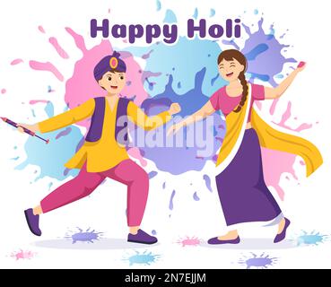 Happy Holi Festival Illustration mit farbenfrohem Töpfchen und Pulver in Hindi für Webbanner oder Landing Page in flachen, handgezeichneten Cartoon-Vorlagen Stock Vektor