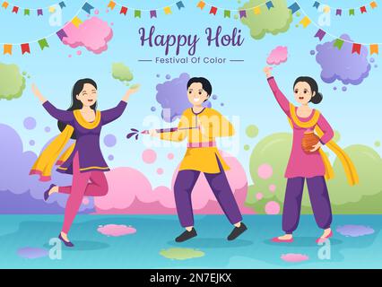 Happy Holi Festival Illustration mit farbenfrohem Töpfchen und Pulver in Hindi für Webbanner oder Landing Page in flachen, handgezeichneten Cartoon-Vorlagen Stock Vektor