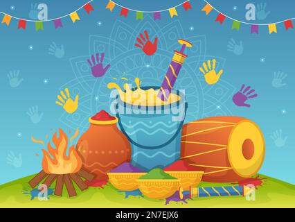 Happy Holi Festival Illustration mit farbenfrohem Töpfchen und Pulver in Hindi für Webbanner oder Landing Page in flachen, handgezeichneten Cartoon-Vorlagen Stock Vektor