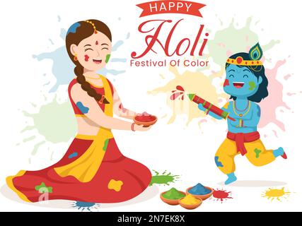Happy Holi Festival Illustration mit farbenfrohem Töpfchen und Pulver in Hindi für Webbanner oder Landing Page in flachen, handgezeichneten Cartoon-Vorlagen Stock Vektor