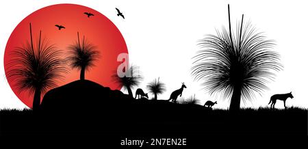 Silhouette aus Grasbaum oder schwarzem Knabenbaum bei Sonnenuntergang mit Orangenmond. Vektordarstellung. Stock Vektor