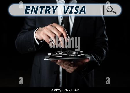 Textüberschrift für Einreisevisum. Word für die Erlaubnis, ein Land einzugeben, dessen Staatsangehörigkeit Sie nicht besitzen Stockfoto