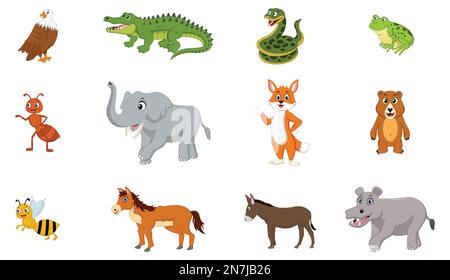 Süße Cartoon-wilde Tiere setzen Adler, Elefanten, Alligatoren, Schlangen usw. isolierte Vektorbilder. Stock Vektor